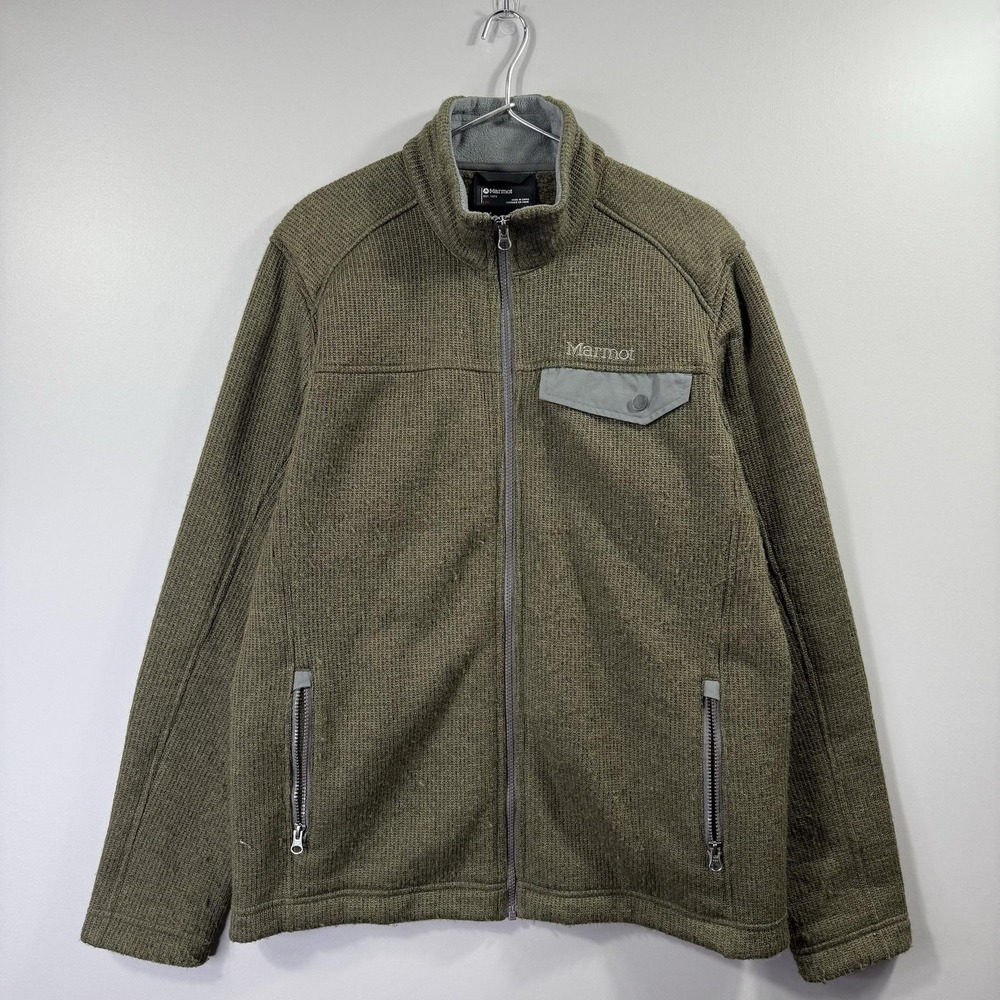 Marmot Wool Fleece Jacket Mens Large Green Full Zip Sweater Knit Outdoor Hiking